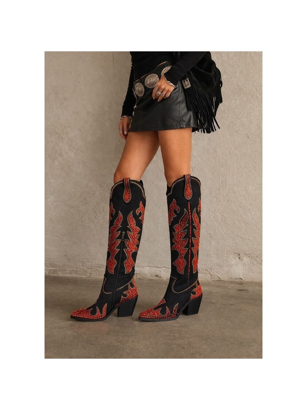 NIB Harley Girl Country Western Cowgirl Knee Boots Rhinestones Black Orange - Picture 8 of 16